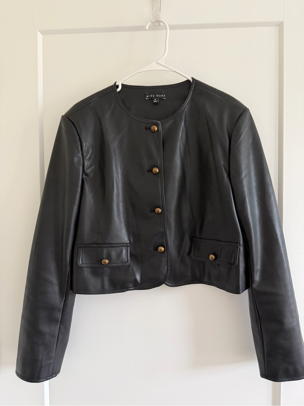 Miu Miu Black Leather Round-Neck Button Jacket Size M